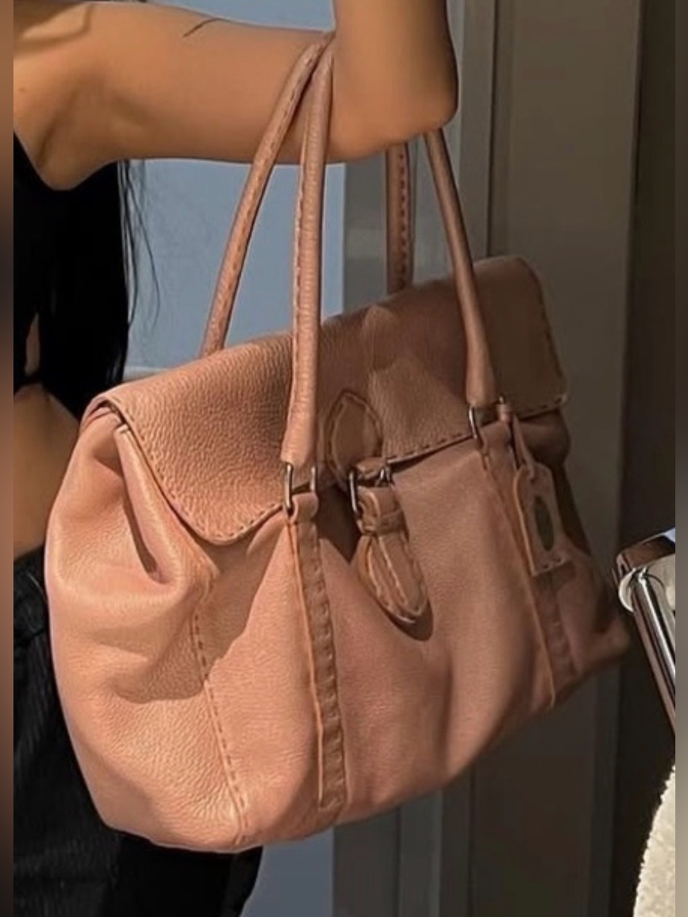 Authentic Fendi Selleria Pink Leather Satchel Large tote bag flap close silver